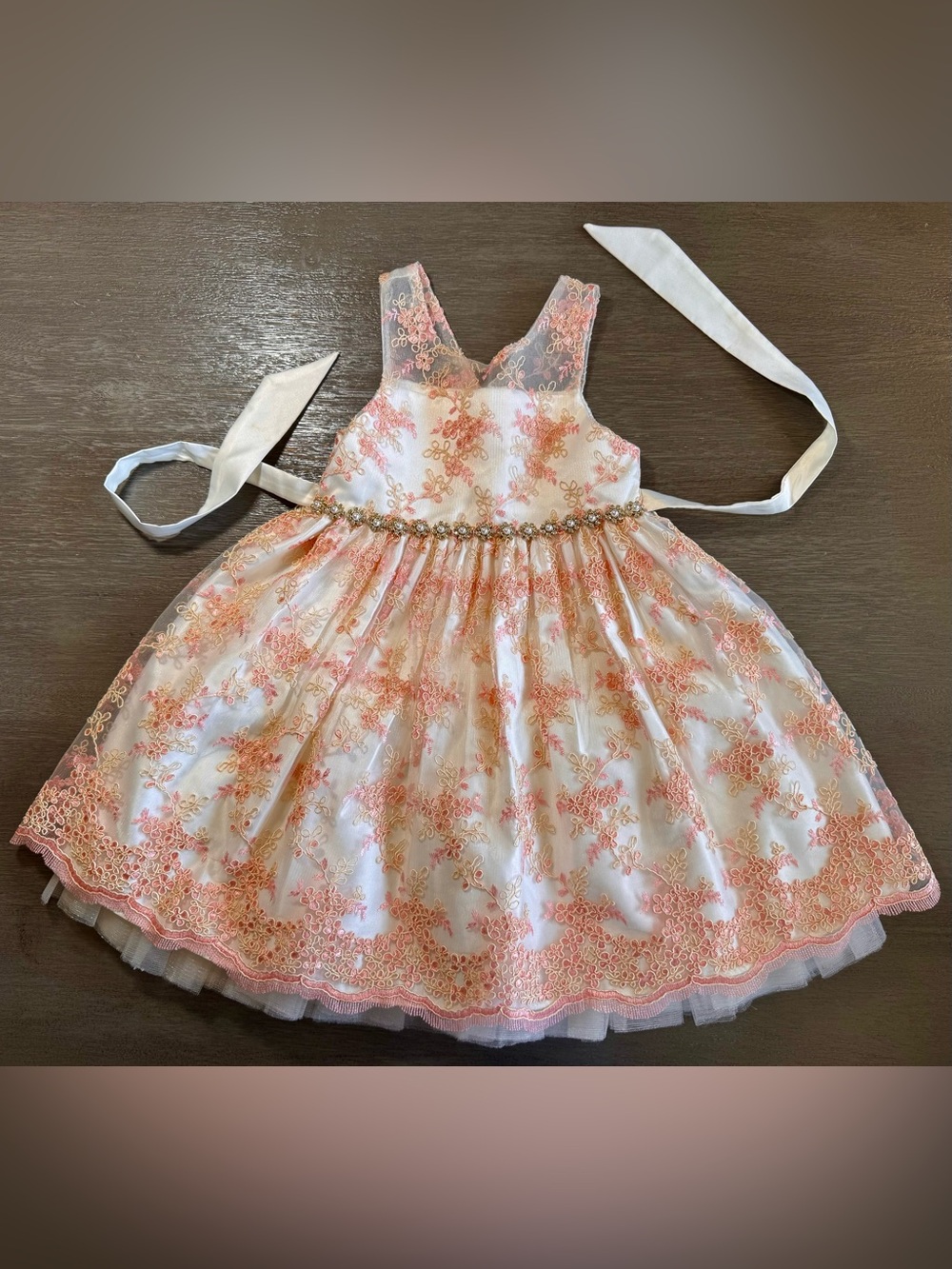 American Princess Embroidered Beige Coral Pink Layered Tulle Dress 4T
